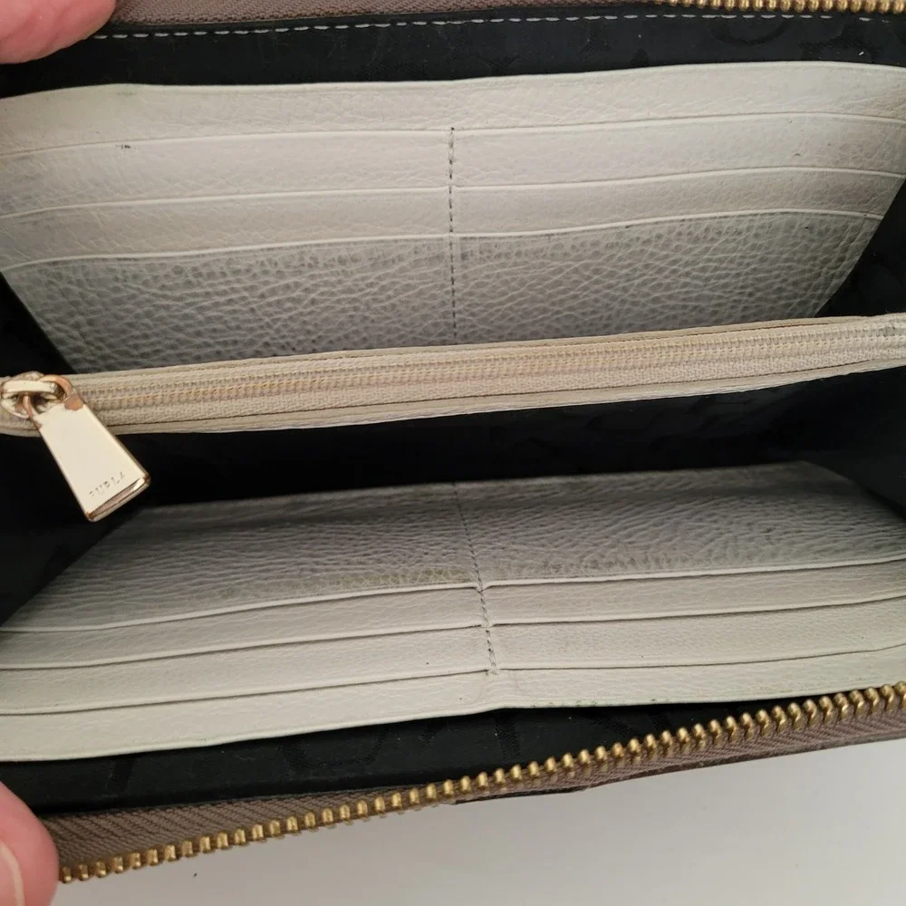 Furla Zip Around Leather Wallet Taupe Black Colorblock Silver Logo Hardware
